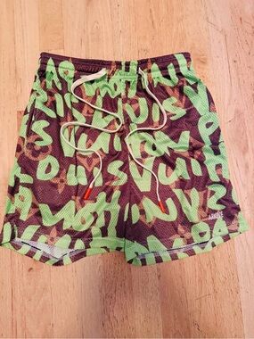 Green & Brown Graffiti Print Men's Swim Trunks